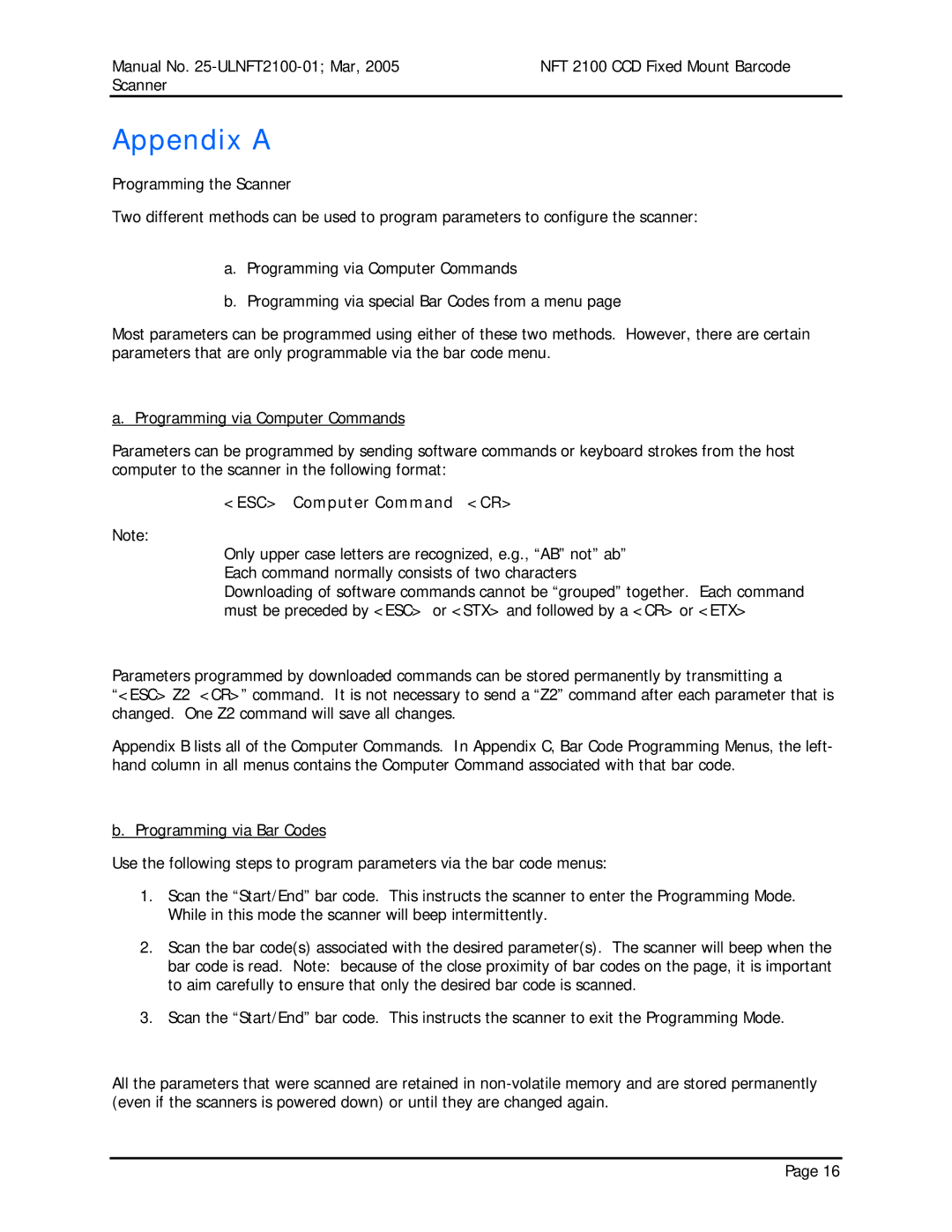 Opticon NFT 2100 manual Appendix a, ESC Computer Command CR 