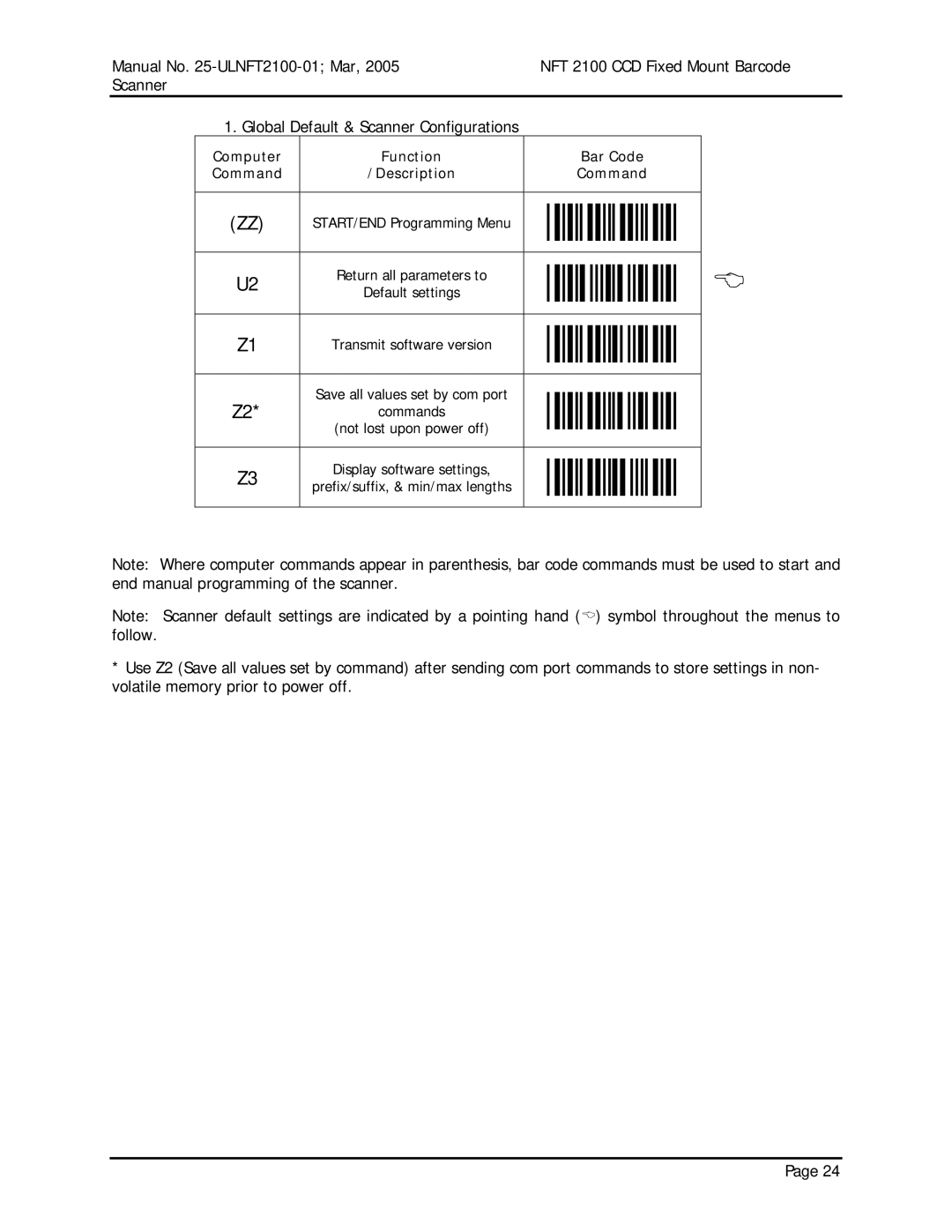 Opticon NFT 2100 manual Description Command 