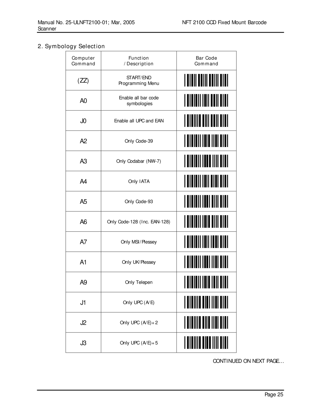 Opticon NFT 2100 manual Symbology Selection, Computer Function Bar Code, Symbologies, Only MSI/Plessey 