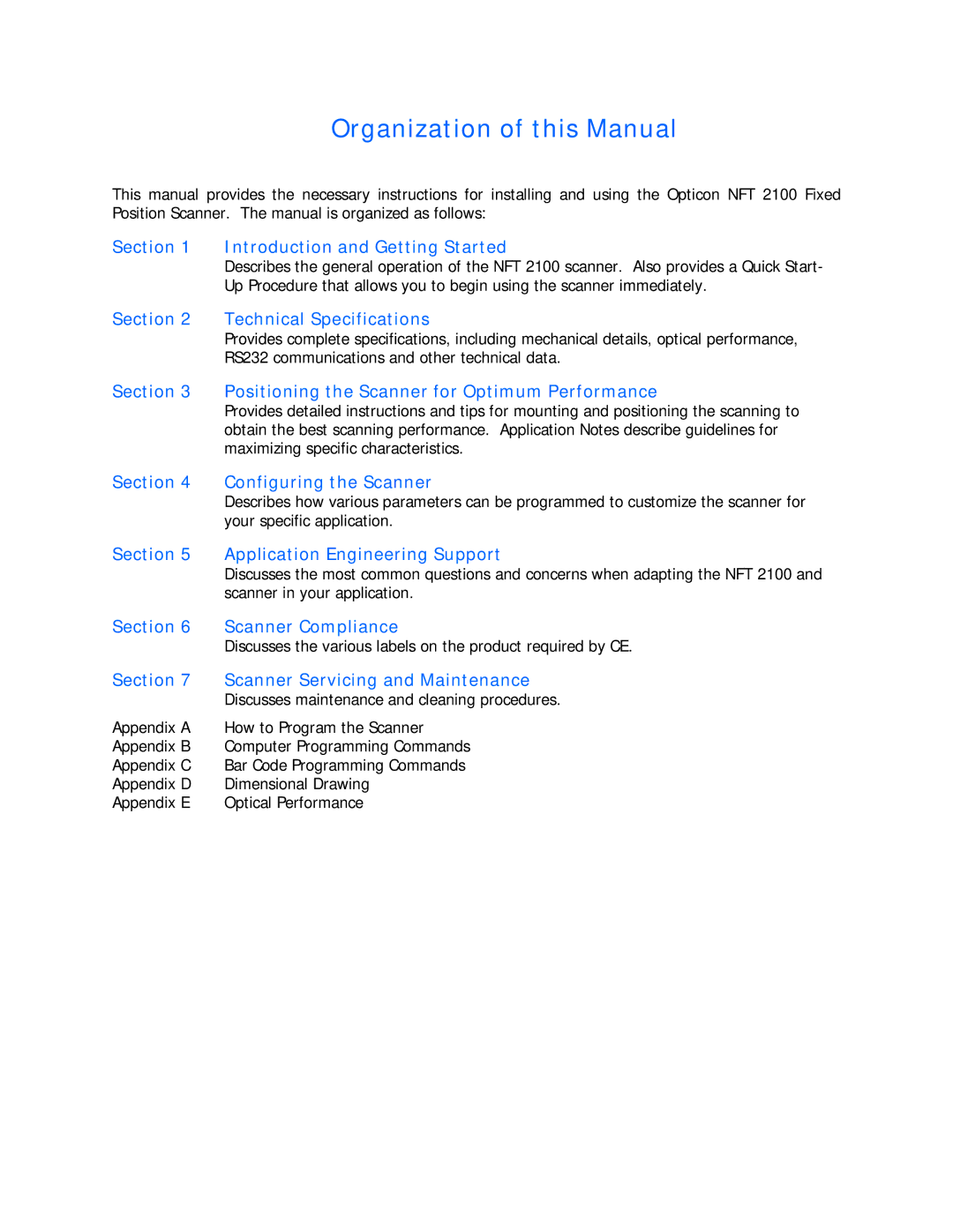 Opticon NFT 2100 manual Organization of this Manual 