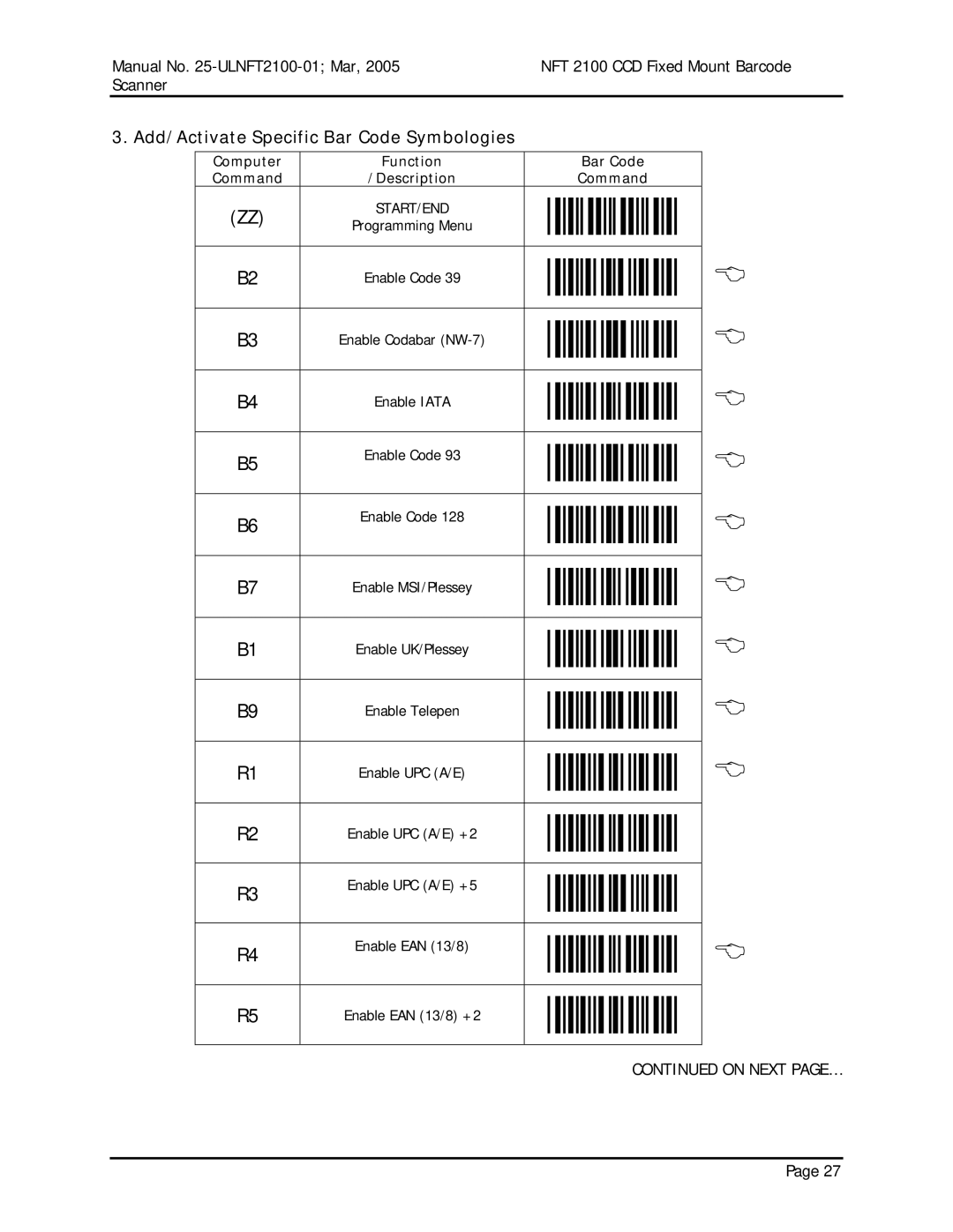 Opticon NFT 2100 manual Add/Activate Specific Bar Code Symbologies 