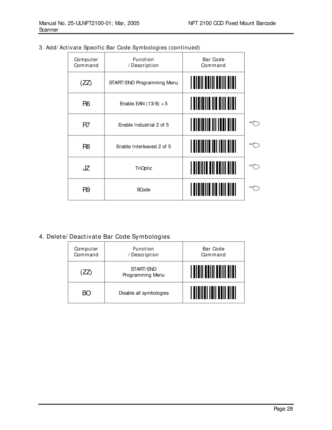 Opticon NFT 2100 Delete/Deactivate Bar Code Symbologies, Add/Activate Specific Bar Code Symbologies, Bar Code Command 