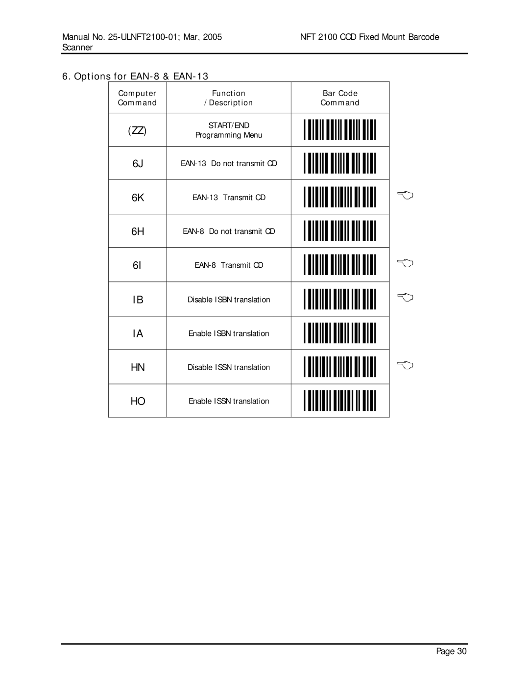 Opticon NFT 2100 manual 7J JC JB IO IP, Options for EAN-8 & EAN-13 