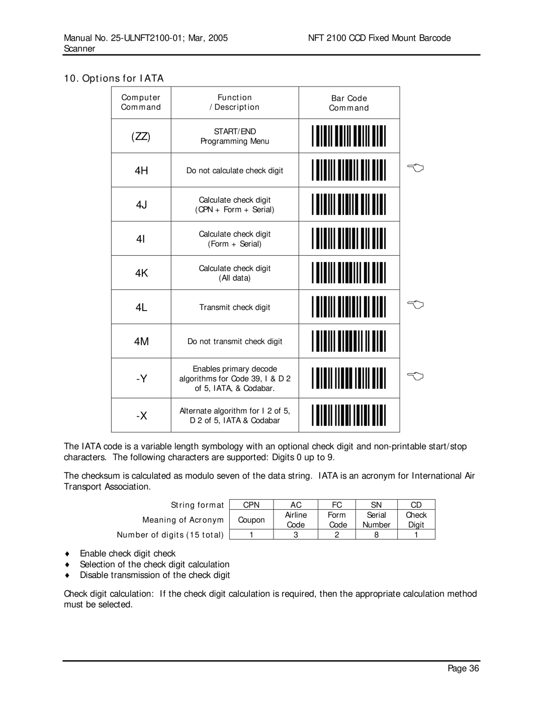 Opticon NFT 2100 manual Options for Iata, String format Meaning of Acronym Number of digits 15 total 