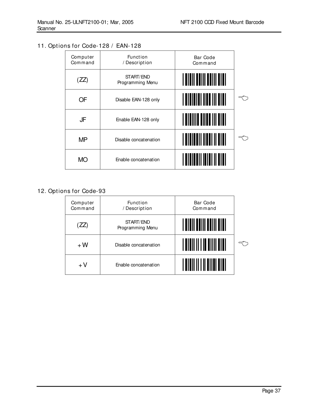 Opticon NFT 2100 manual Options for Code-128 / EAN-128, Options for Code-93 