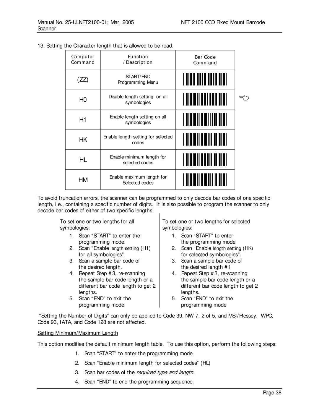 Opticon NFT 2100 manual I2 IL IM, Disable length setting on all, Scan Enable length setting H1 for all symbologies 