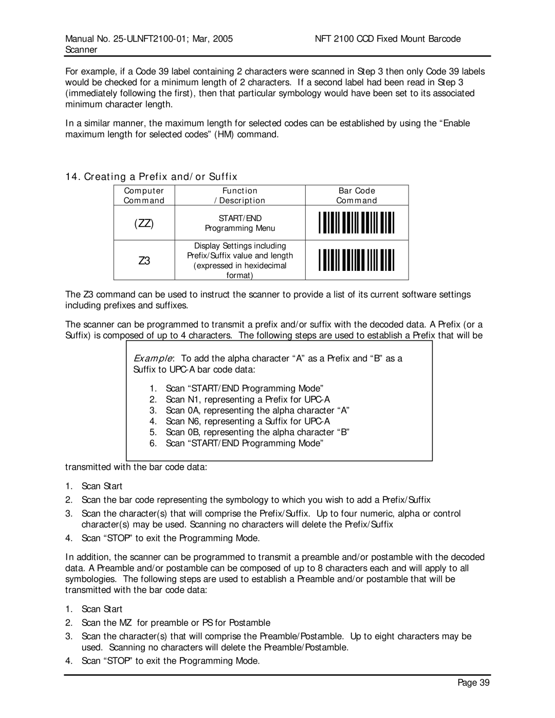 Opticon NFT 2100 manual Creating a Prefix and/or Suffix, Command Description 