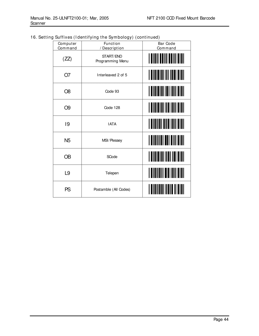 Opticon NFT 2100 manual O6 PC M, Setting Suffixes Identifying the Symbology 