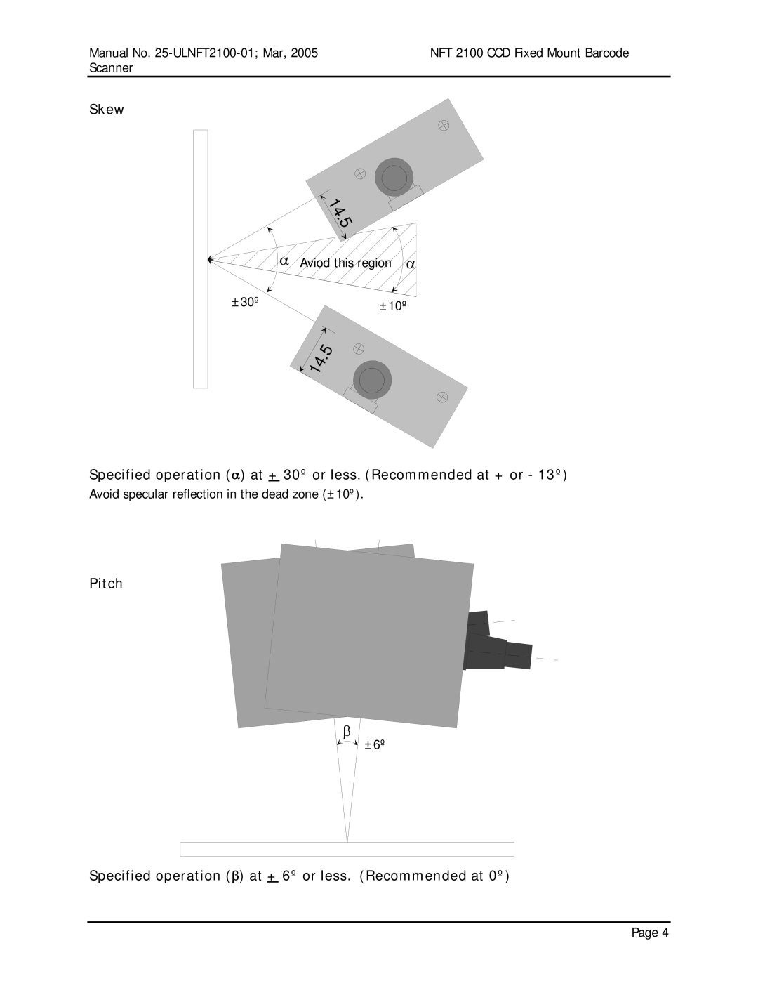 Opticon NFT 2100 manual Skew, Pitch, Specified operation β at + 6º or less. Recommended at 0º 