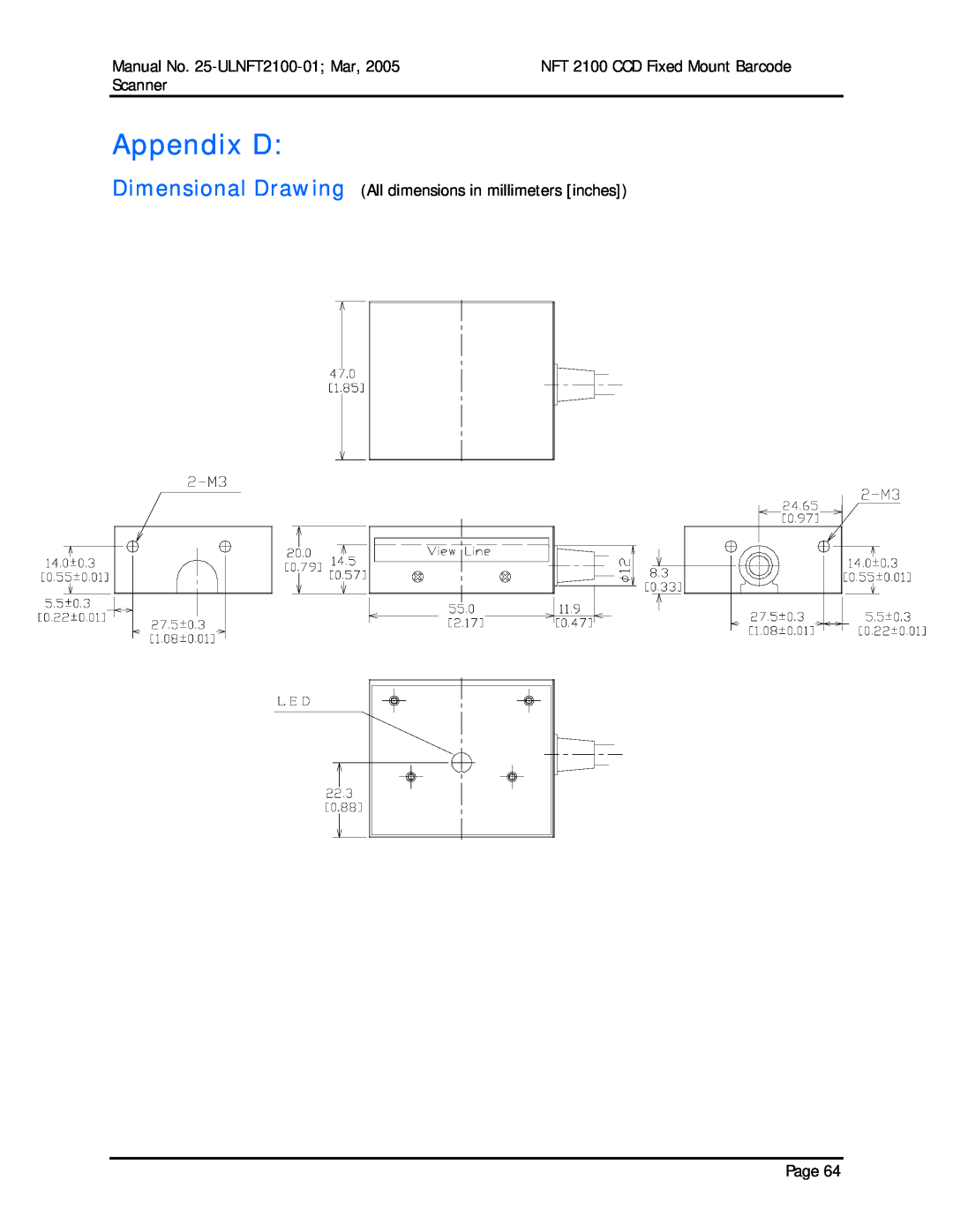 Opticon manual Appendix D, Manual No. 25-ULNFT2100-01 Mar, NFT 2100 CCD Fixed Mount Barcode, Scanner 