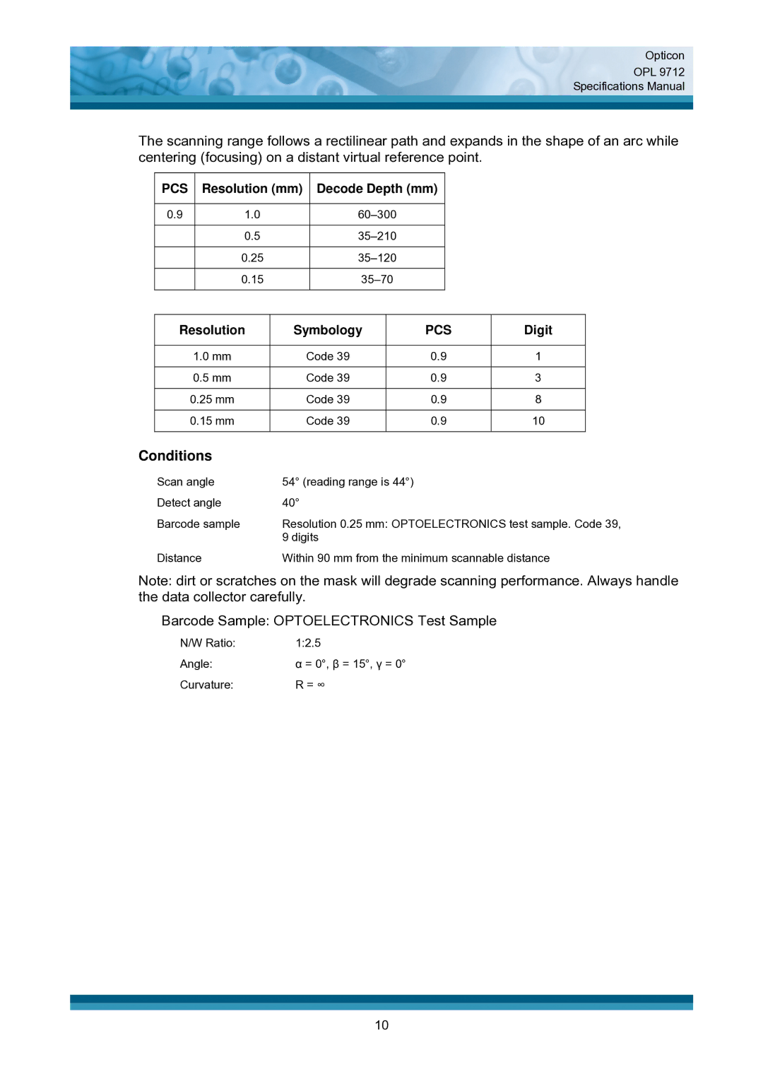 Opticon OPL 9712 specifications Resolution mm Decode Depth mm, Resolution Symbology, Digit 