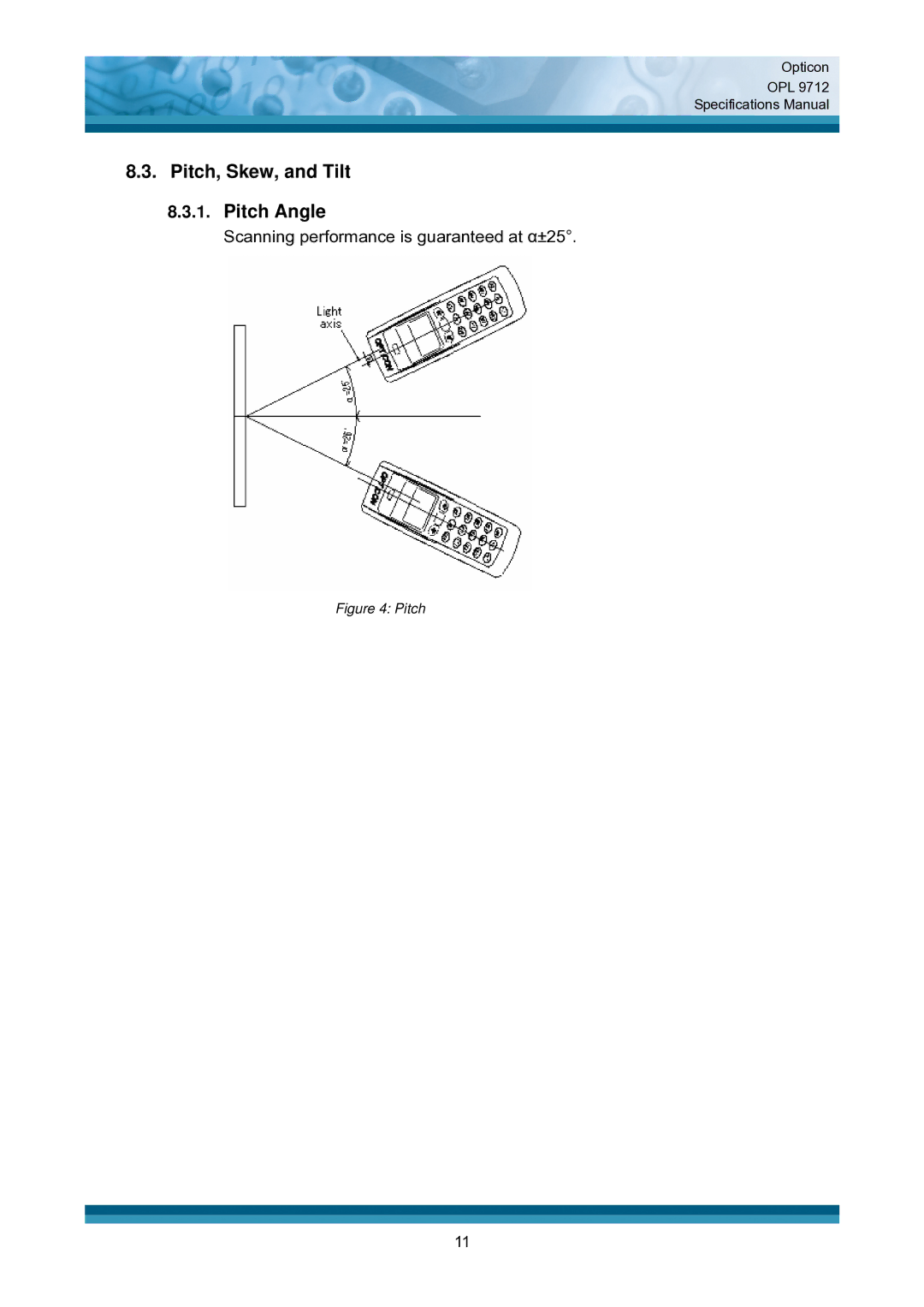 Opticon OPL 9712 specifications Pitch, Skew, and Tilt Pitch Angle 