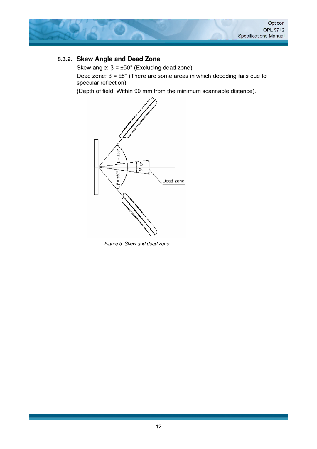 Opticon OPL 9712 specifications Skew Angle and Dead Zone, Skew and dead zone 