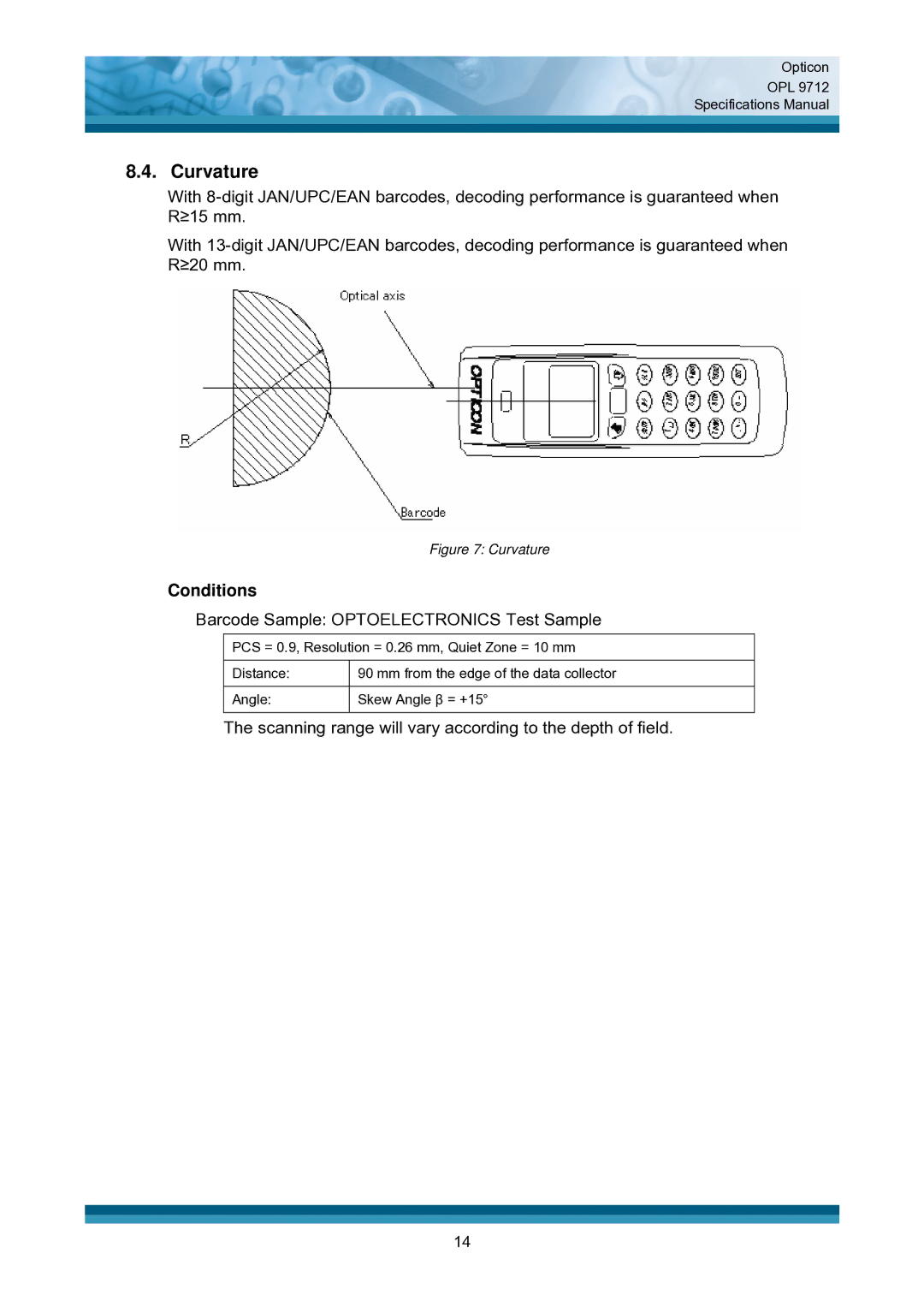 Opticon OPL 9712 specifications Curvature 