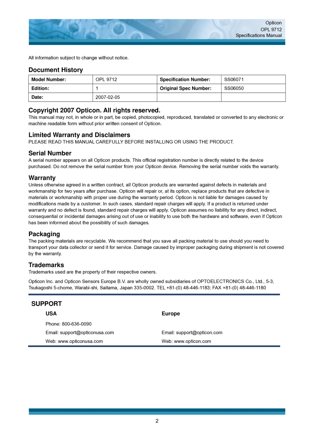 Opticon OPL 9712 Document History, Copyright 2007 Opticon. All rights reserved, Limited Warranty and Disclaimers 