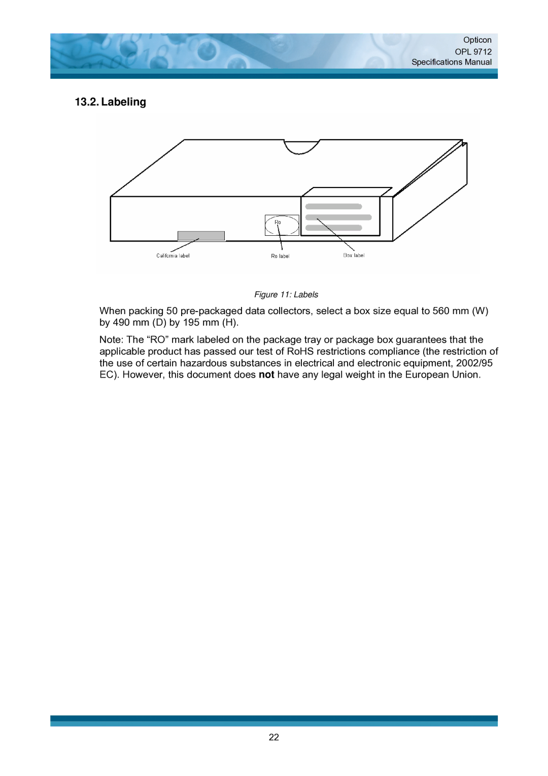 Opticon OPL 9712 specifications Labeling, Labels 