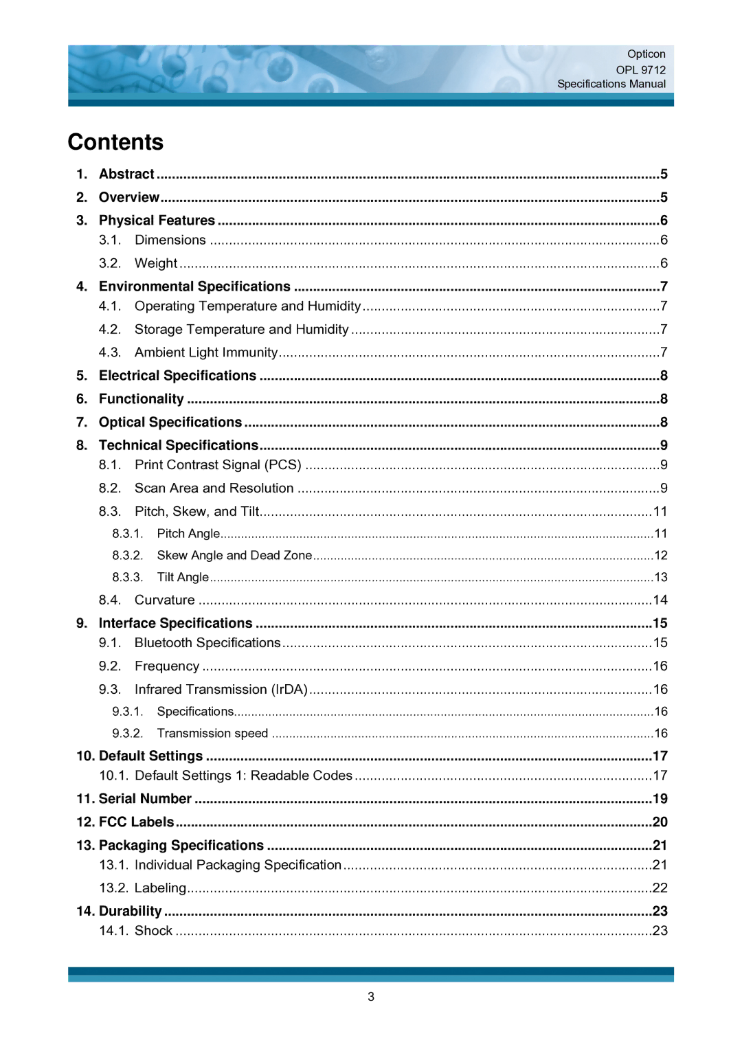 Opticon OPL 9712 specifications Contents 