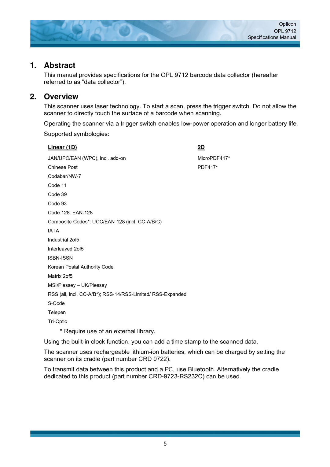 Opticon OPL 9712 specifications Abstract, Overview, Linear 1D 