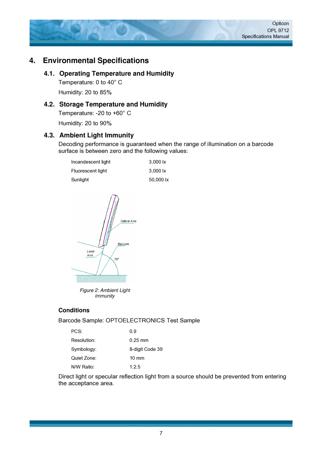 Opticon OPL 9712 Environmental Specifications, Operating Temperature and Humidity, Storage Temperature and Humidity 