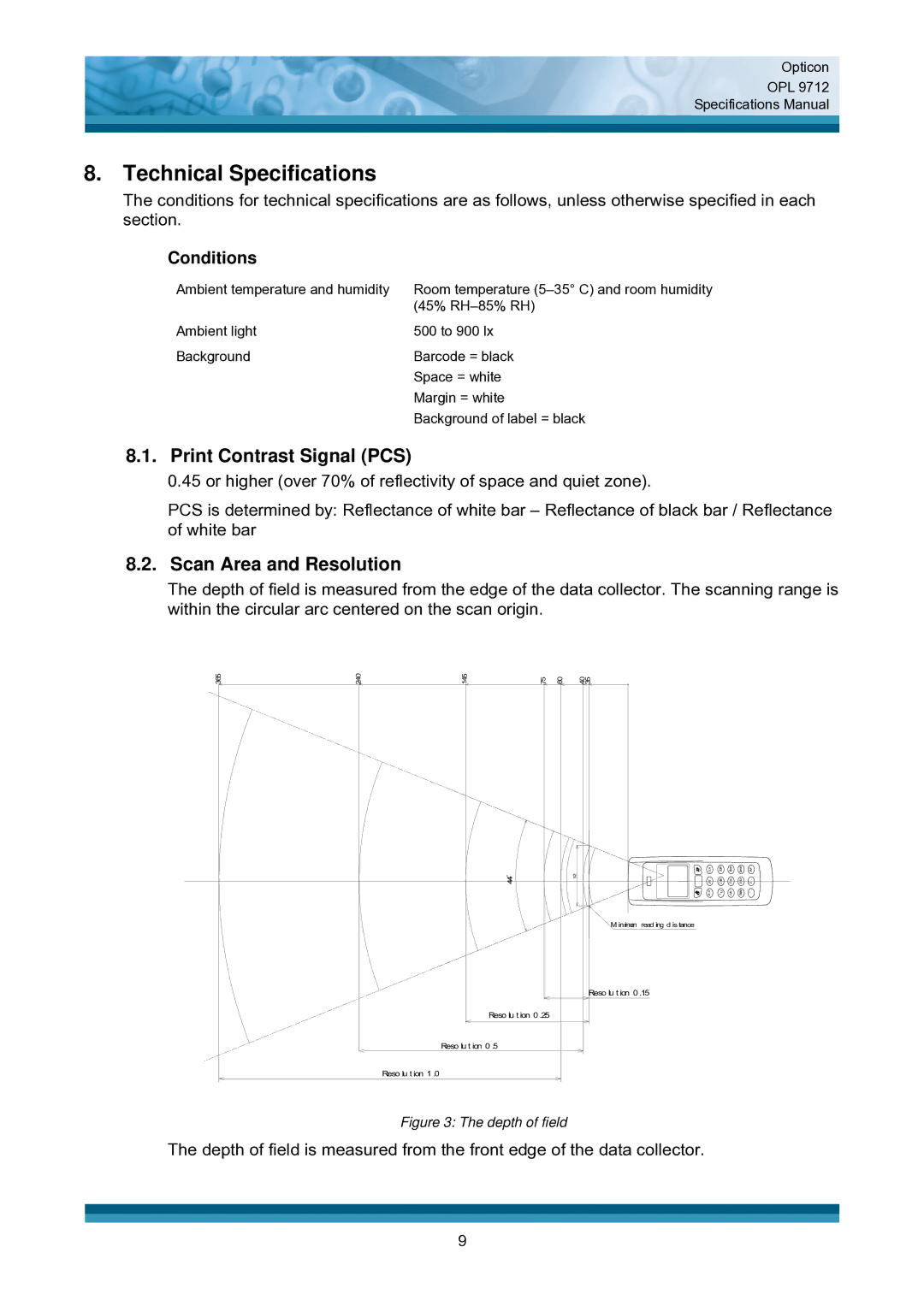 Opticon OPL 9712 specifications Technical Specifications, Print Contrast Signal PCS, Scan Area and Resolution 