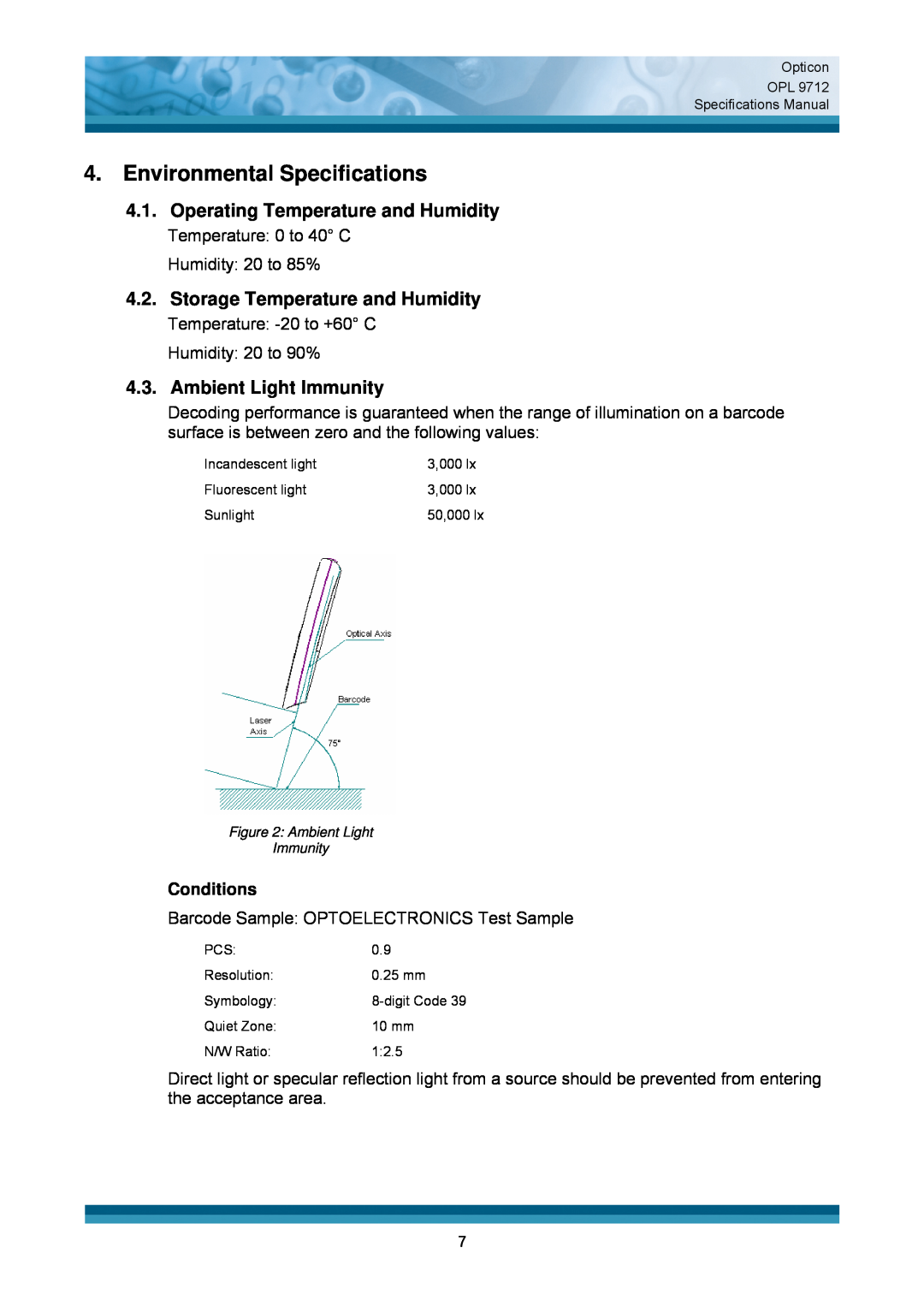 Opticon OPL 9712 Environmental Specifications, Operating Temperature and Humidity, Storage Temperature and Humidity 