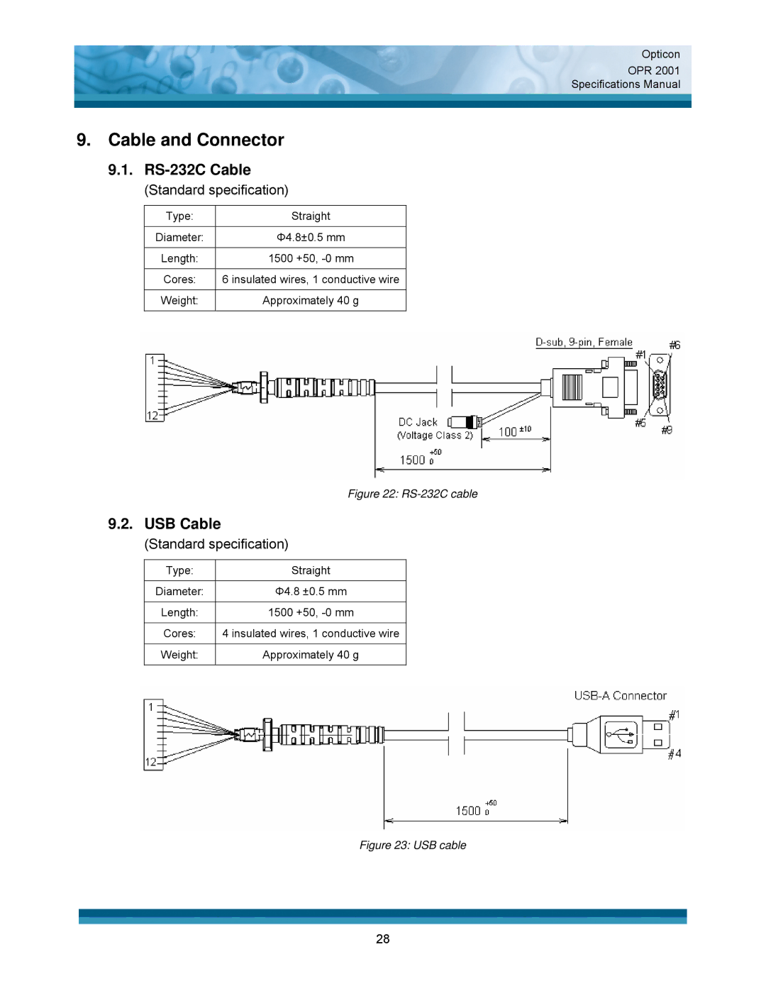 Opticon OPR 2001 specifications Cable and Connector, RS-232C Cable, USB Cable 