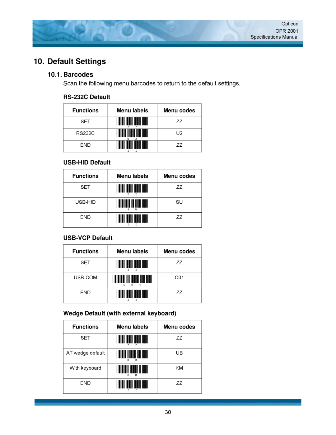 Opticon OPR 2001 Default Settings, Barcodes, RS-232C Default, USB-HID Default, Wedge Default with external keyboard 