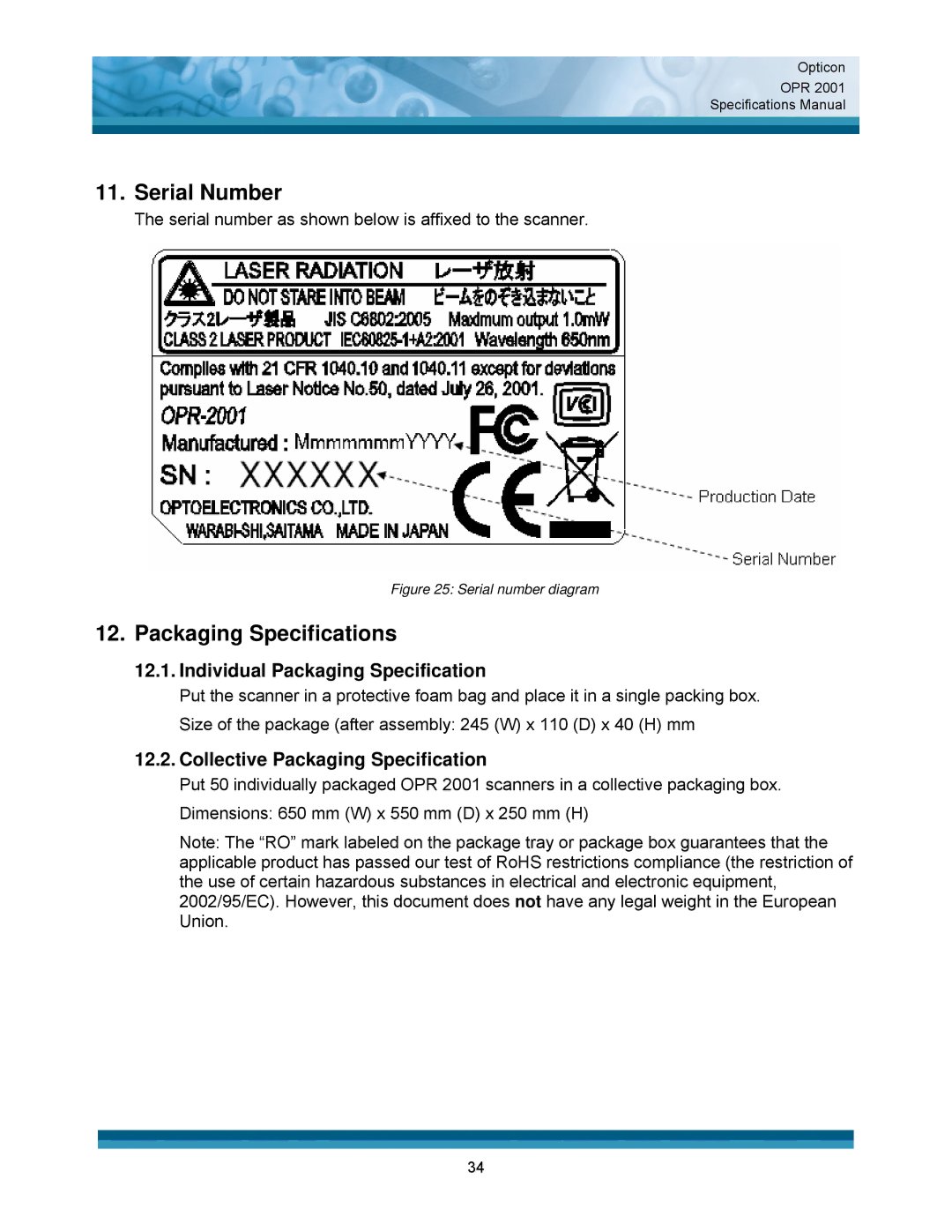 Opticon OPR 2001 specifications Serial Number, Packaging Specifications, Individual Packaging Specification 