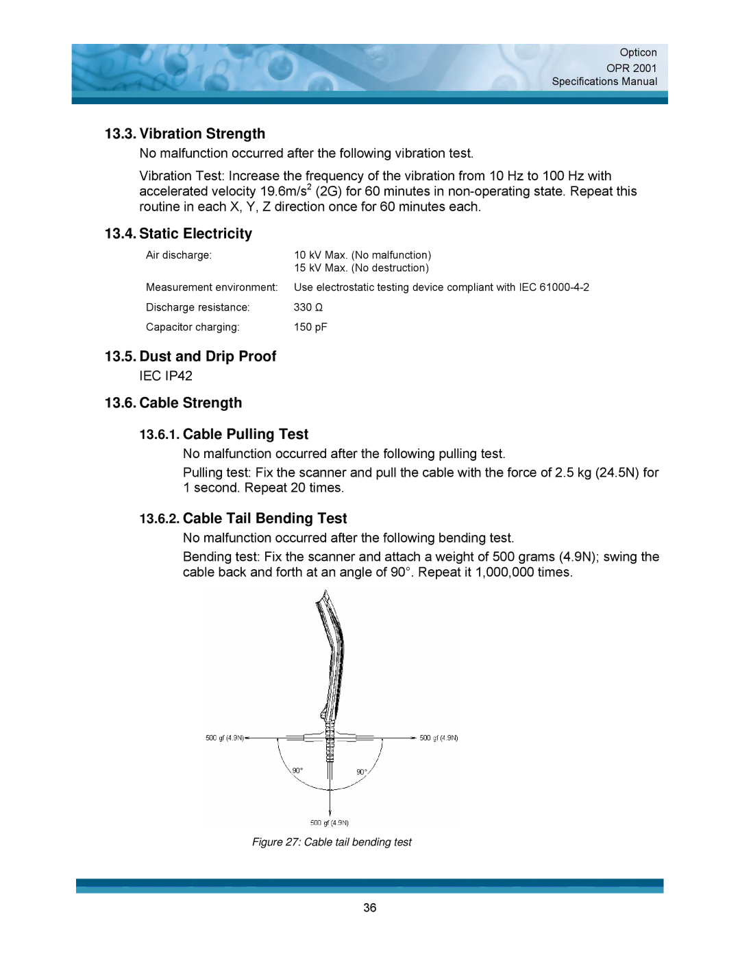 Opticon OPR 2001 Vibration Strength, Static Electricity, Dust and Drip Proof, Cable Strength Cable Pulling Test 