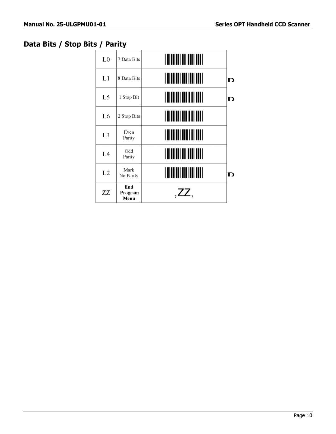 Opticon OPT-6125 user manual Data Bits / Stop Bits / Parity 