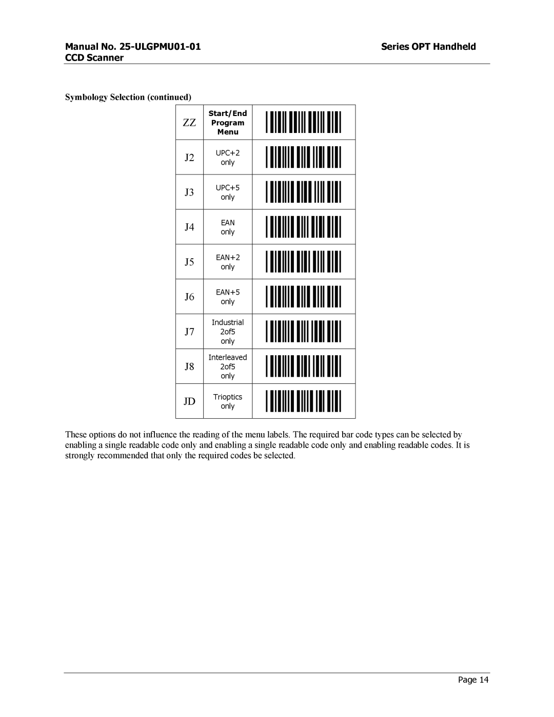 Opticon OPT-6125 user manual Symbology Selection 