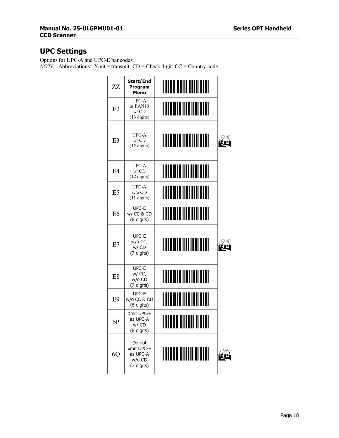 Opticon OPT-6125 user manual UPC Settings, Options for UPC-A and UPC-E bar codes 