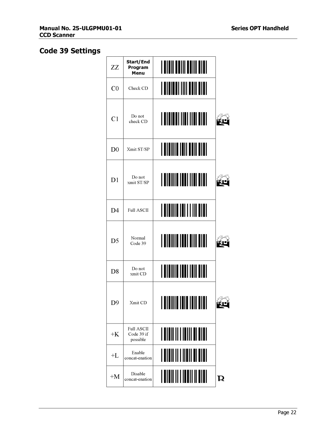 Opticon OPT-6125 user manual Code 39 Settings 