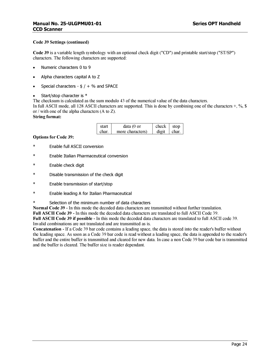 Opticon OPT-6125 user manual Code 39 Settings, Options for Code 