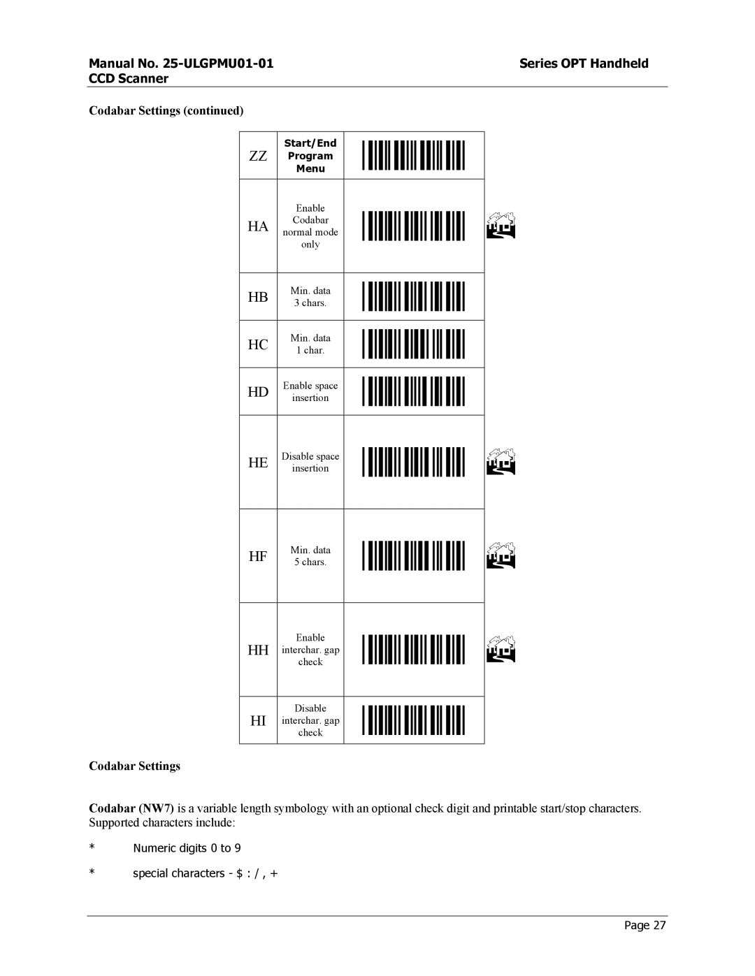 Opticon OPT-6125 user manual Codabar Settings 