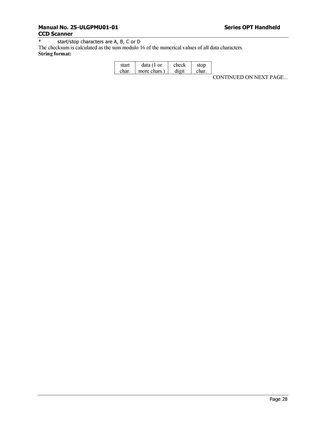 Opticon OPT-6125 user manual Start Data 1 or Check Stop Char More chars Digit 