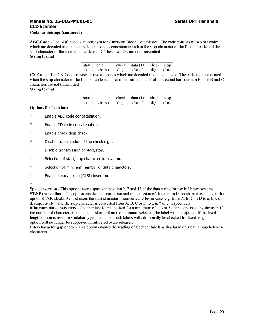 Opticon OPT-6125 user manual Options for Codabar 