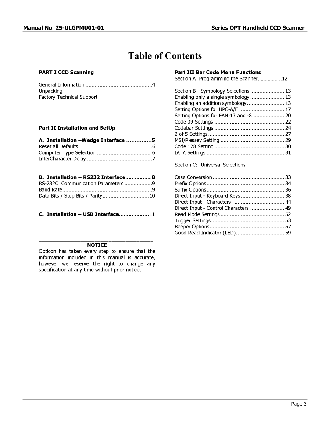 Opticon OPT-6125 user manual Table of Contents 