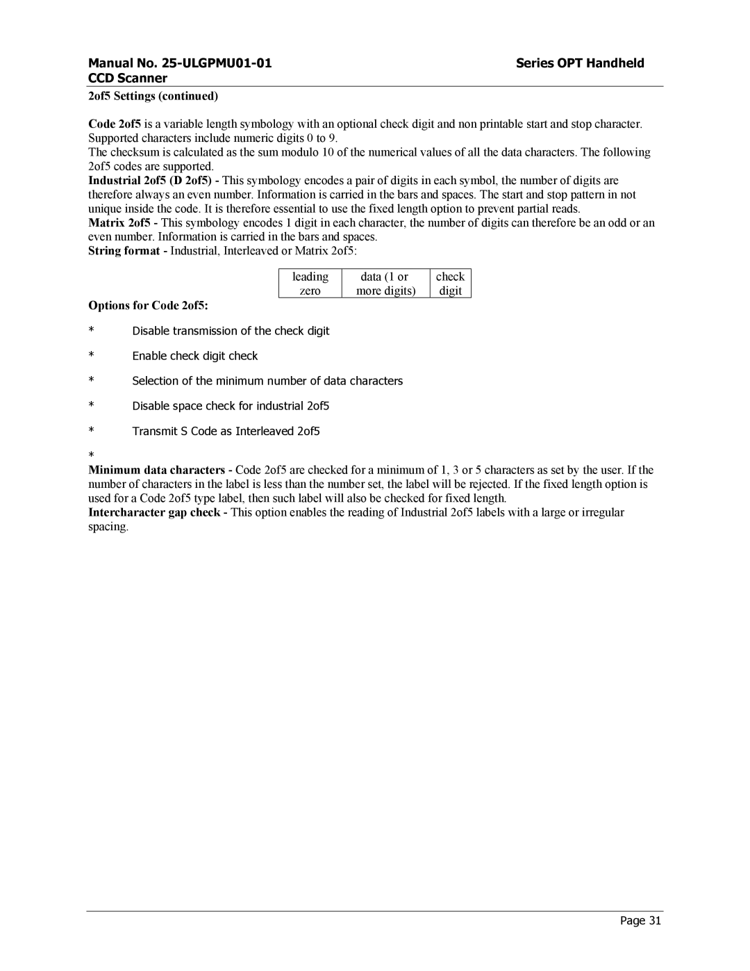 Opticon OPT-6125 user manual 2of5 Settings, Options for Code 2of5 