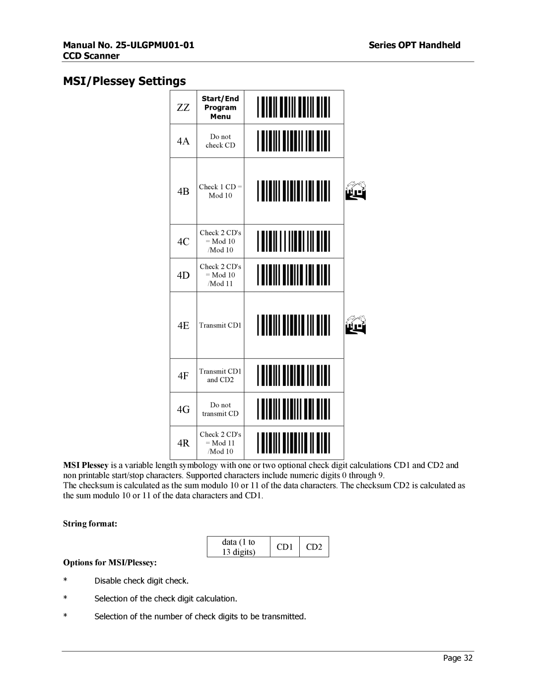 Opticon OPT-6125 user manual MSI/Plessey Settings, Options for MSI/Plessey 