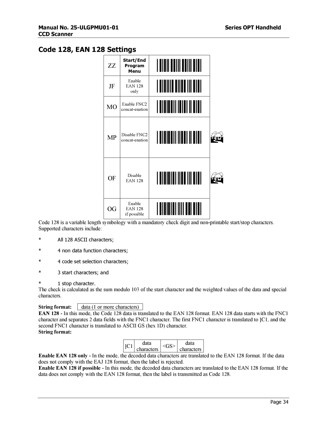 Opticon OPT-6125 user manual Code 128, EAN 128 Settings 