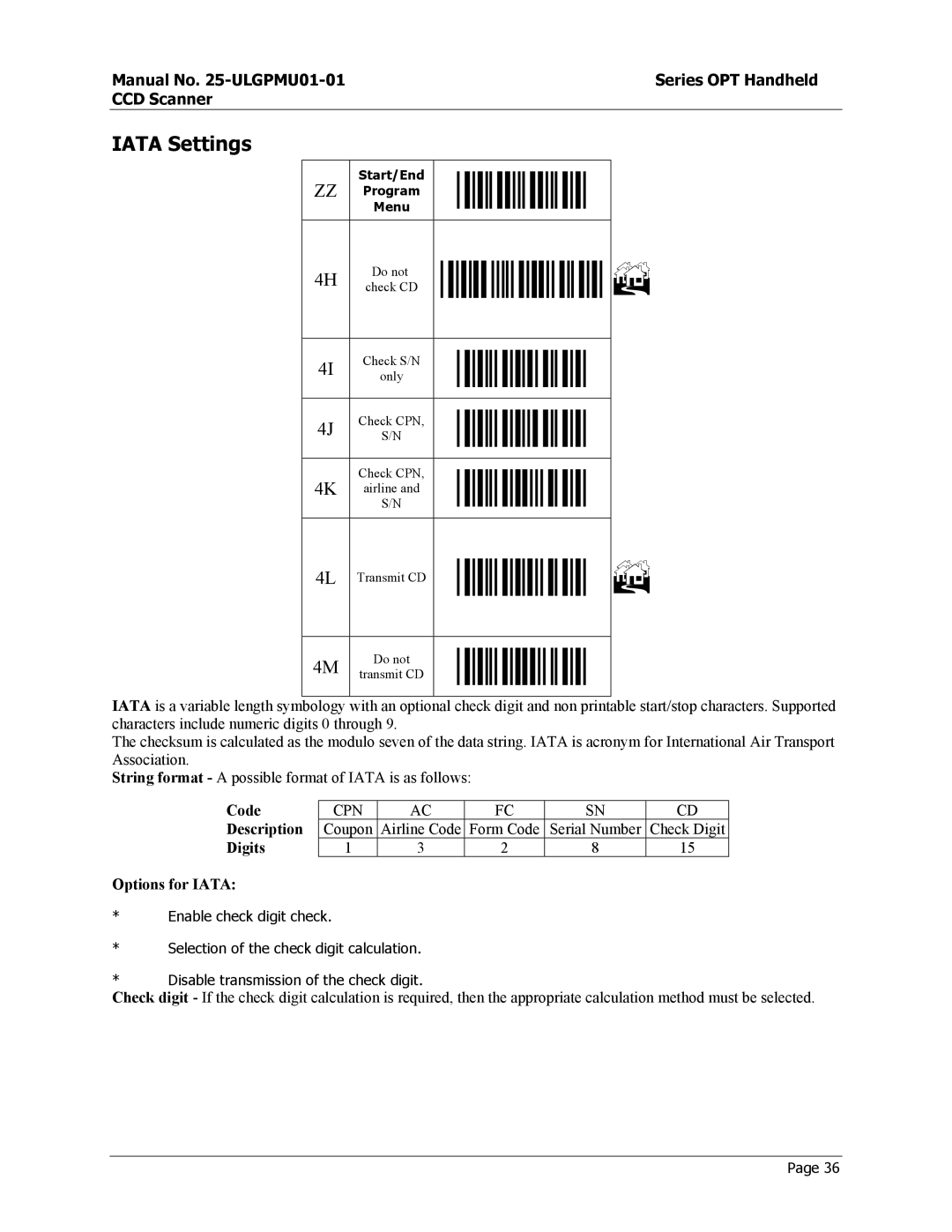 Opticon OPT-6125 user manual Iata Settings, Code, Description, Digits Options for Iata 