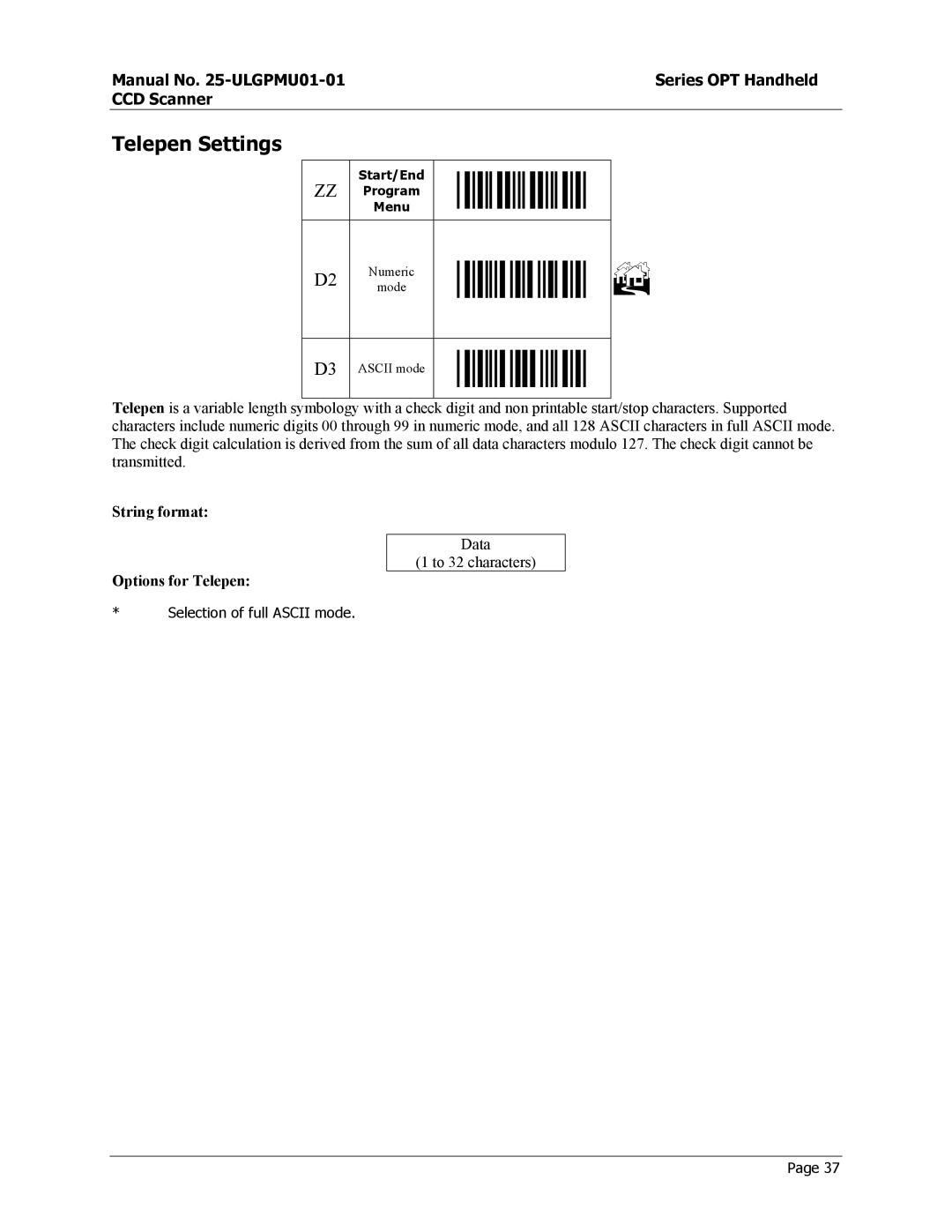 Opticon OPT-6125 user manual Telepen Settings, Options for Telepen 