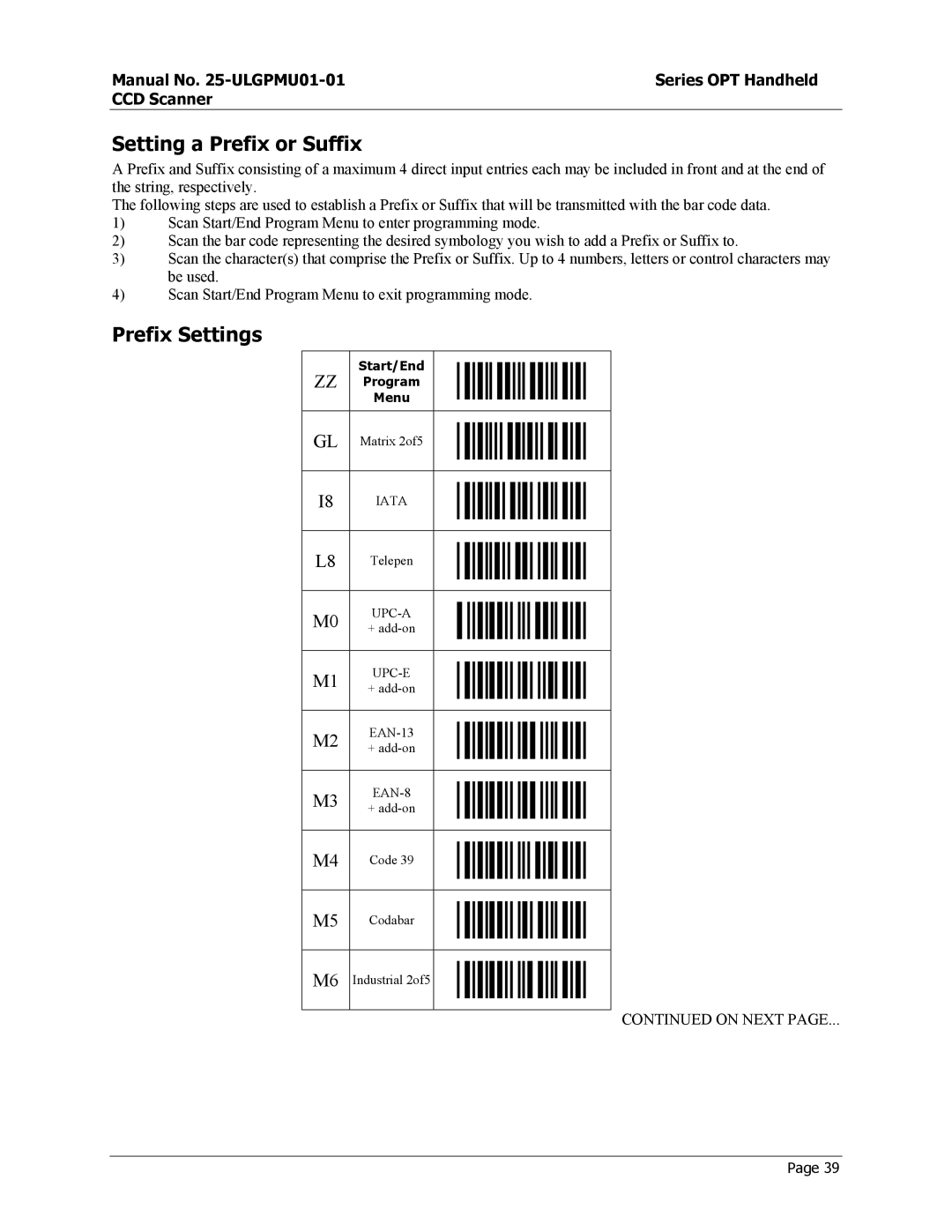 Opticon OPT-6125 user manual Setting a Prefix or Suffix, Prefix Settings 