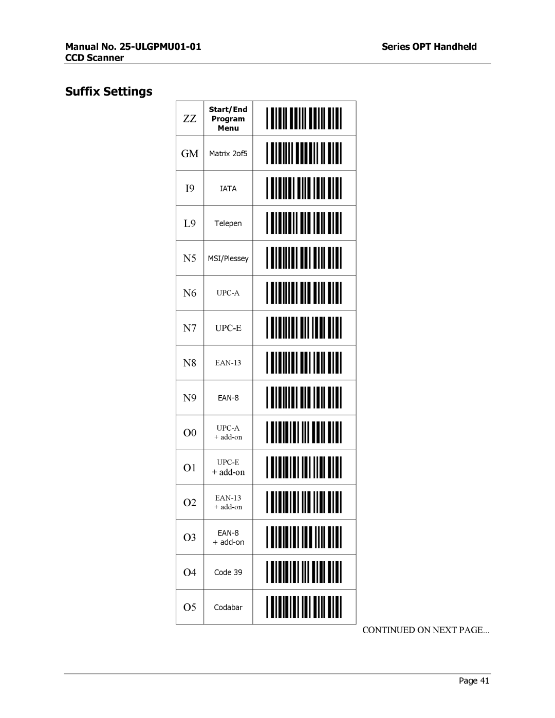 Opticon OPT-6125 user manual Suffix Settings 