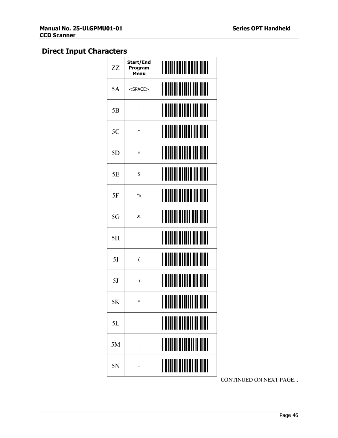 Opticon OPT-6125 user manual Direct Input Characters 