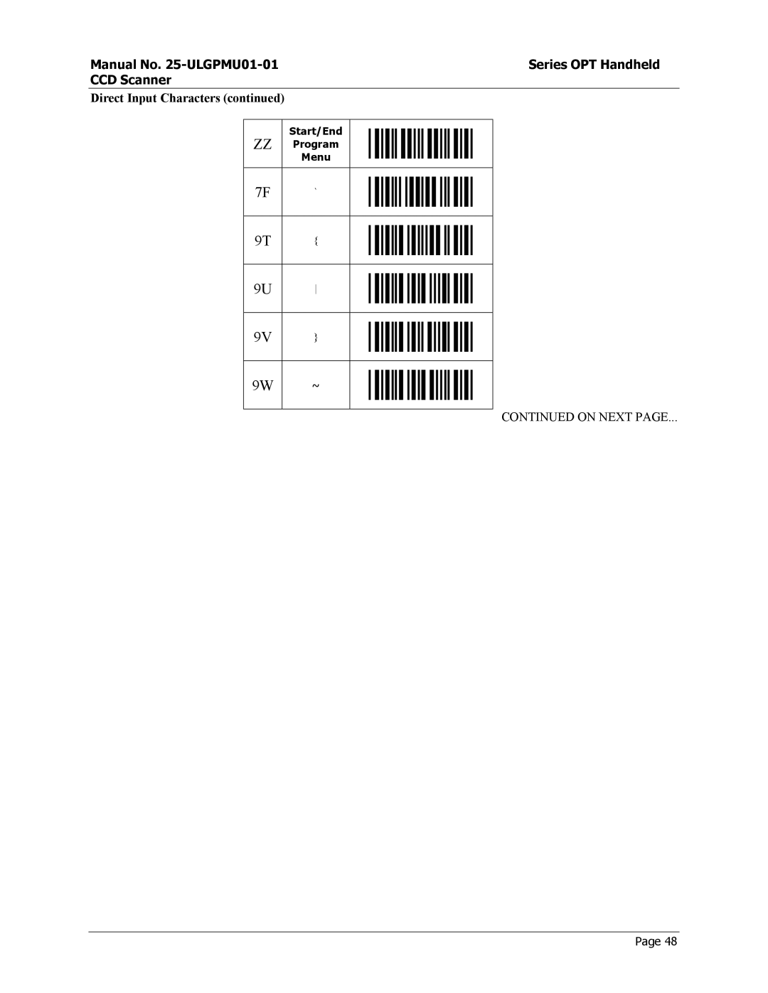 Opticon OPT-6125 user manual Direct Input Characters 