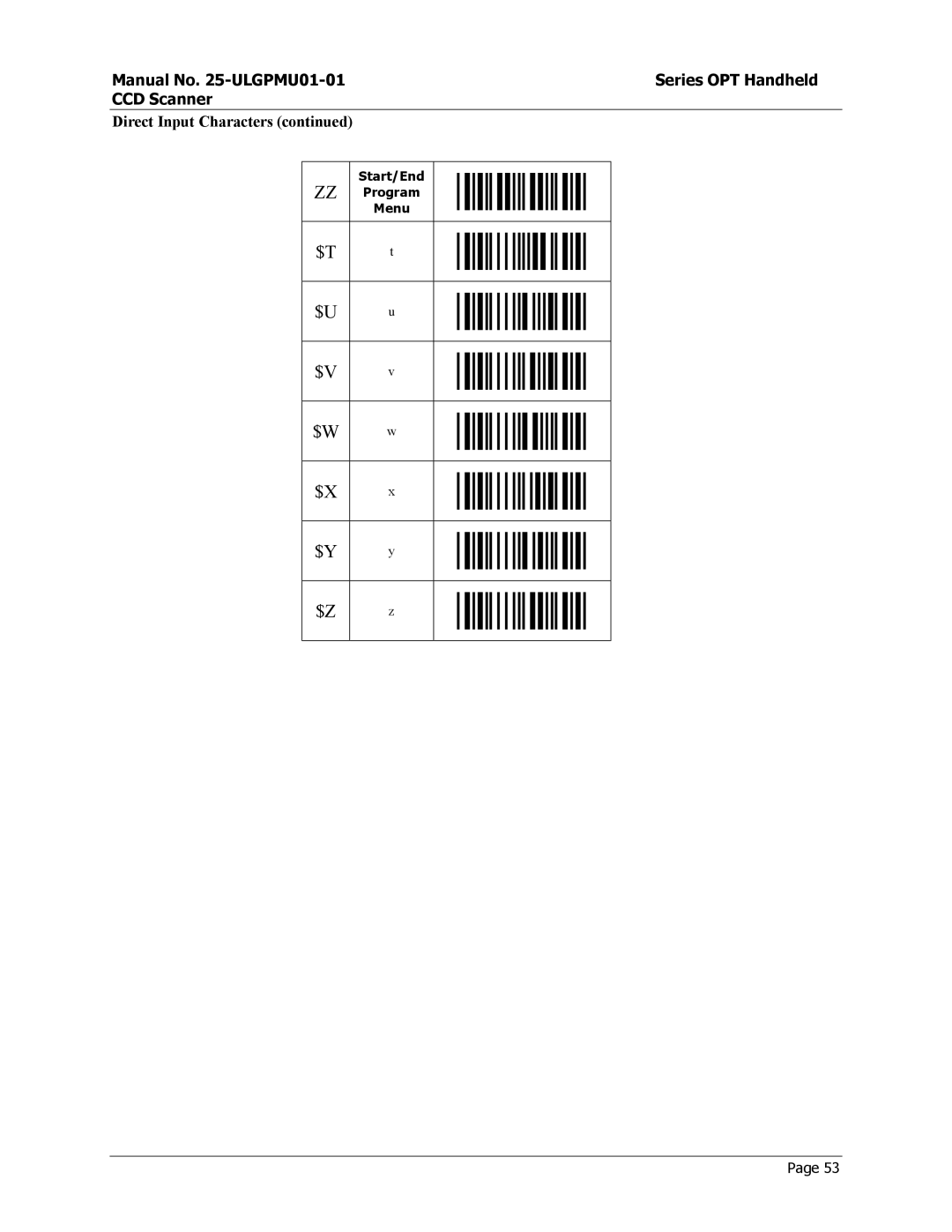 Opticon OPT-6125 user manual Direct Input Characters 