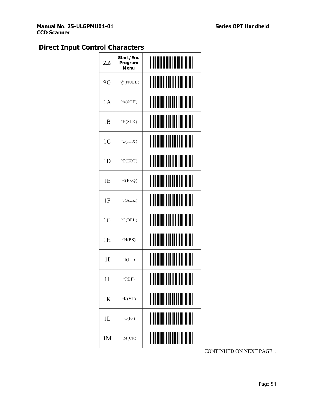 Opticon OPT-6125 user manual Direct Input Control Characters 