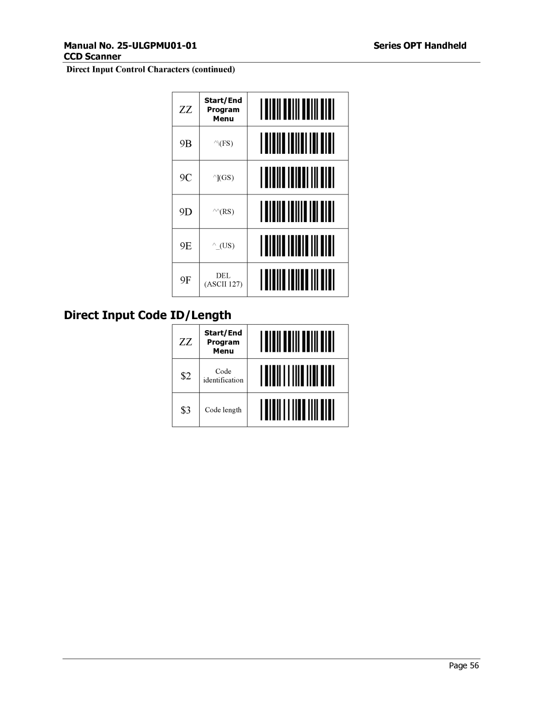 Opticon OPT-6125 user manual Direct Input Code ID/Length 